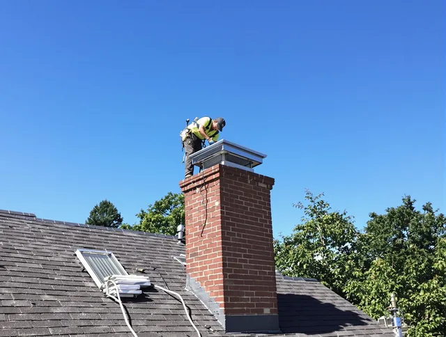 Westborough Chimney Sweep technician measuring a chimney cap in Westborough, MA