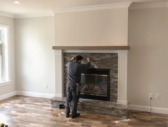 Westborough Chimney Sweep finishing a custom fireplace install in Westborough, MA